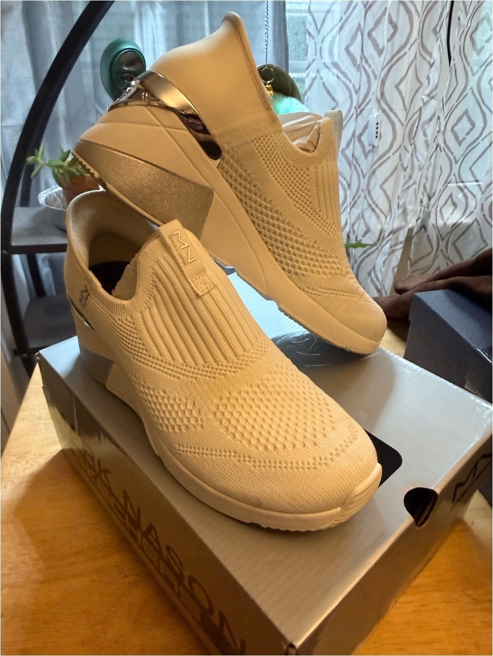 Skechers x Mark Nason Slip-On Knit Wedge Sneakers in White with Silver Accent 7